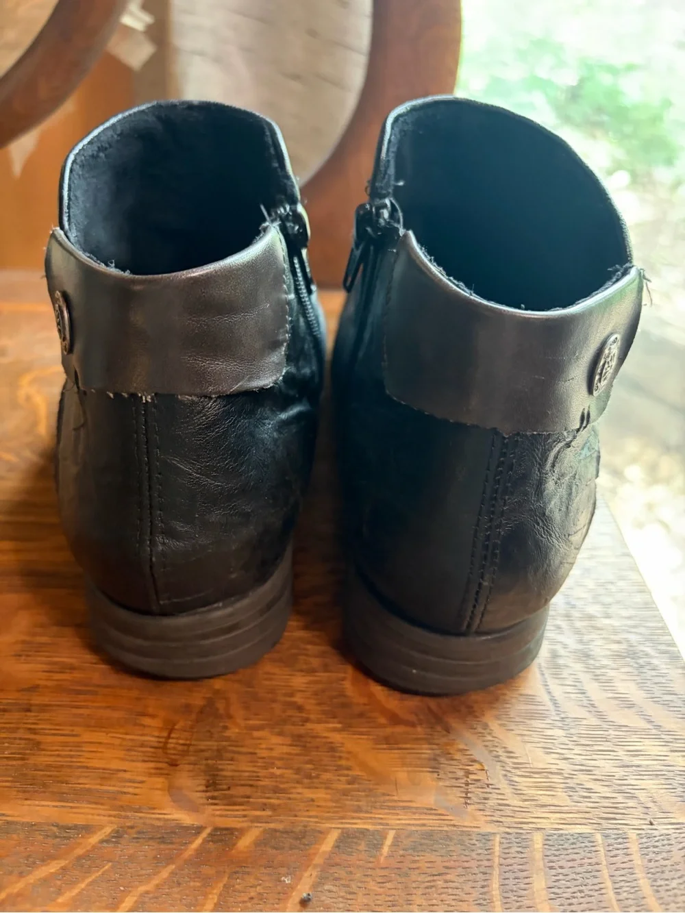 Dark Blue and Black Leather Ankle Boots by Remonte, Brown Detail and Side Zipper